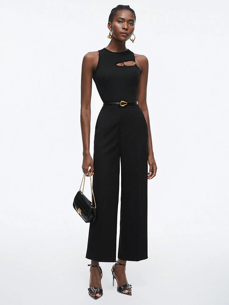 Gold ring detail black crop top for edgy urban outfits and night events