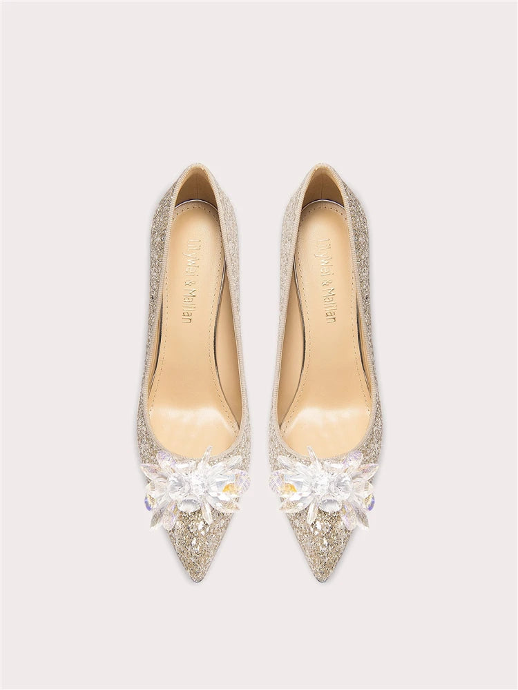 Gold sequin floral stiletto heels with crystal embellishments