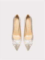 Gold sequin floral stiletto heels with crystal embellishments