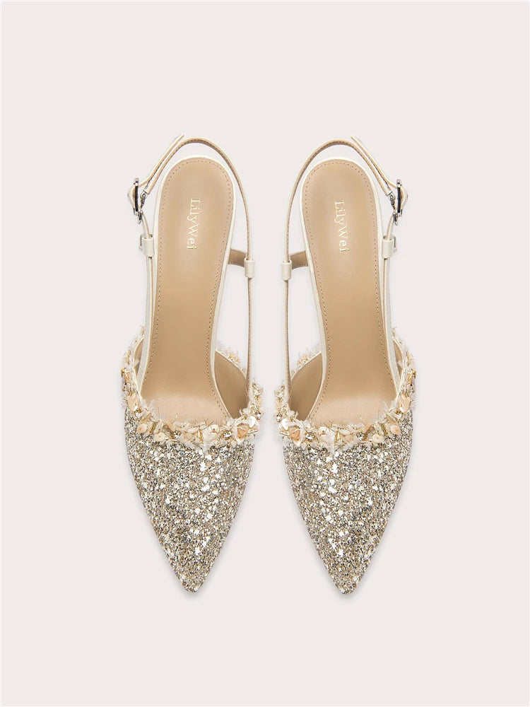 Gold sequin rhinestone sandals with thin high heel