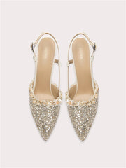 Gold sequin rhinestone sandals with thin high heel