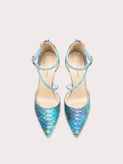 Gold stiletto party sandals in blue with crystal embellishments