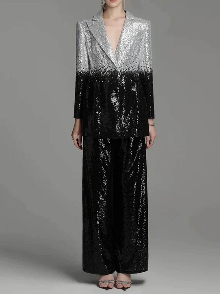 Gradient sequin pantsuit featuring slim blazer and wide-leg trousers
