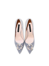 Gray pearl pointed party pumps for weddings and special events