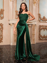 Green strapless sequin maxi dress for summer party