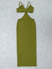 bodycon green maxi dress with bold event look for women