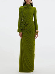 Green turtleneck maxi dress with long sleeves and sculptural draped folds