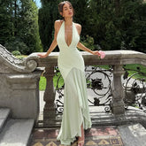 Green halter maxi dress with deep V neckline