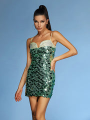 Green sequin mini dress with spaghetti straps styled for party wear