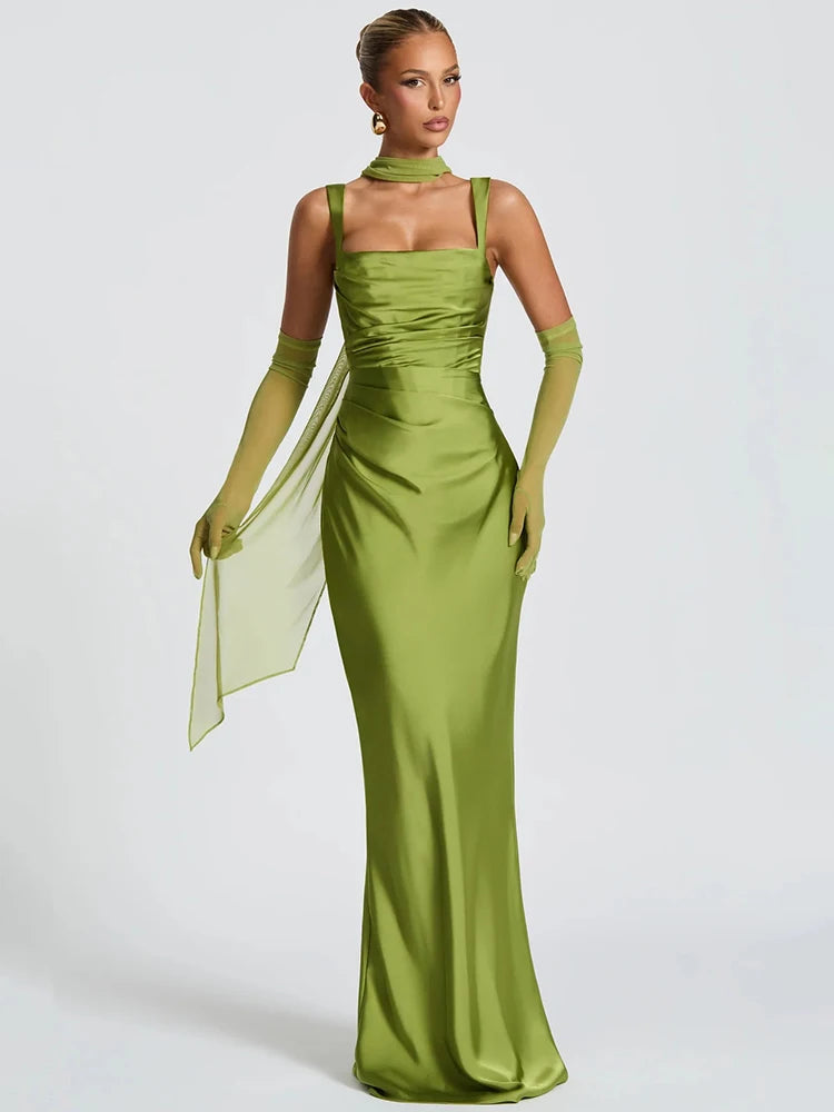 Green square-neck evening gown with matching gloves for formal events