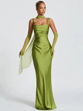Green square-neck evening gown with matching gloves for formal events