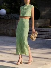 Elegant green two-piece lace skirt set for women