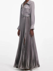 Long sleeve dress with turn-down collar and structured bodice fit