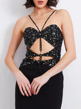 Halter backless bandage midi gown with crystal embellishments