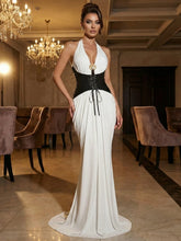 Halter deep V sheath evening dress with lace-up waist detail