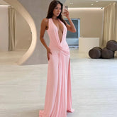 halter deep v-neck maxi dress with draped detailing