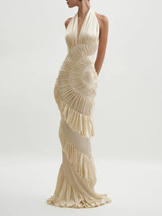 Beige evening dress featuring spiral ruffle detailing