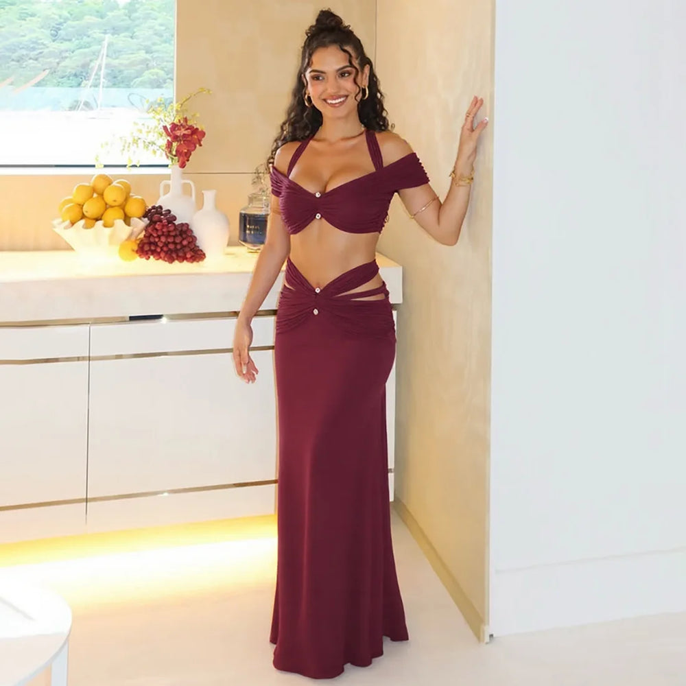 burgundy halter crop top with off shoulder straps styled for evening