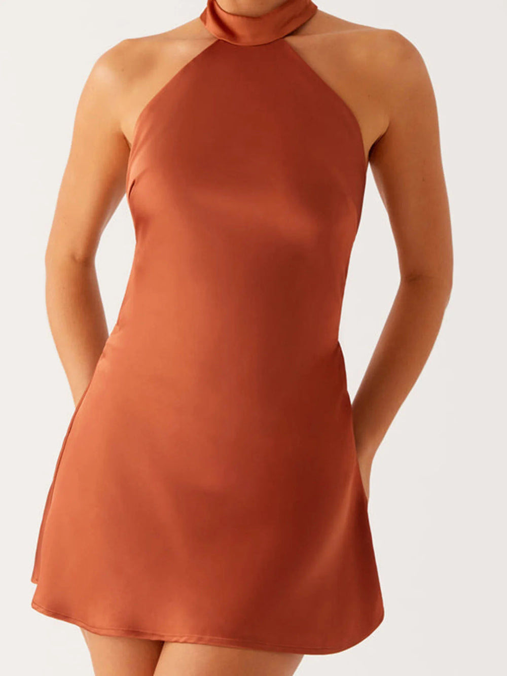 Halter pullover mini dress in brown for effortless day-to-night wear