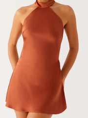 Halter pullover mini dress in brown for effortless day-to-night wear