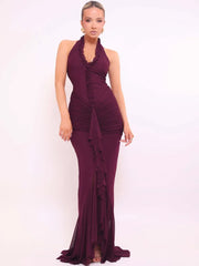 Halter maxi dress with ruffle hem on model