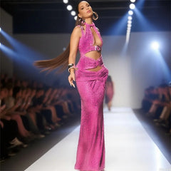 Pink jersey maxi dress featuring cutouts and sparkling crystal detail