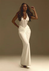 Halter V-neck maxi dress with backless design