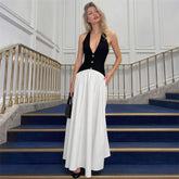 Halter V-neck patchwork maxi dress with buttons