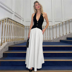 Halter V-neck patchwork maxi dress with buttons