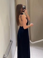 Full-length velvet maxi dress with elegant drape