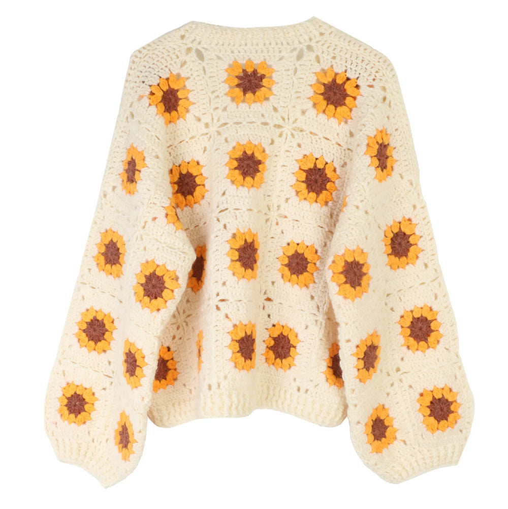 Handmade floral knit sweater layer with bright sunflower pattern