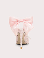 Handmade pink bow high heels with butterfly appliqué