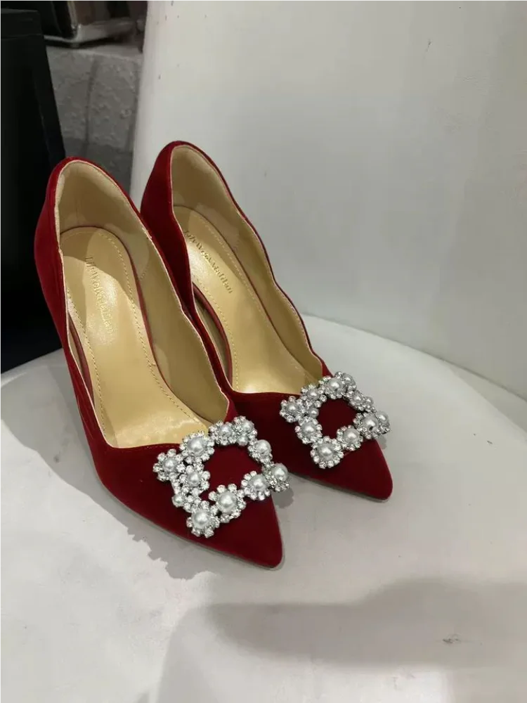 Handmade suede rhinestone banquet heels for women