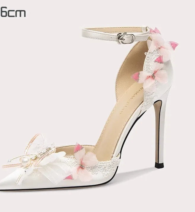Handmade white summer event heels with ribbons and embellishments