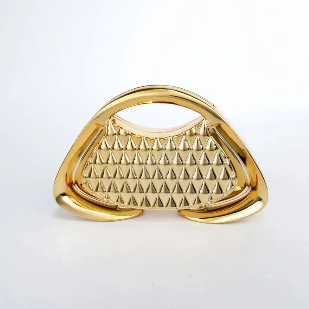 Hard-shell minaudière clutch with hasp closure in trapezoid shape