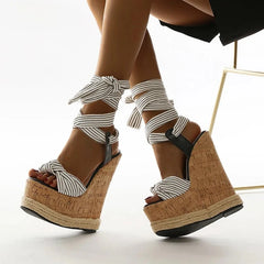 A side view of the sandals showing the wedge heel and platform.
