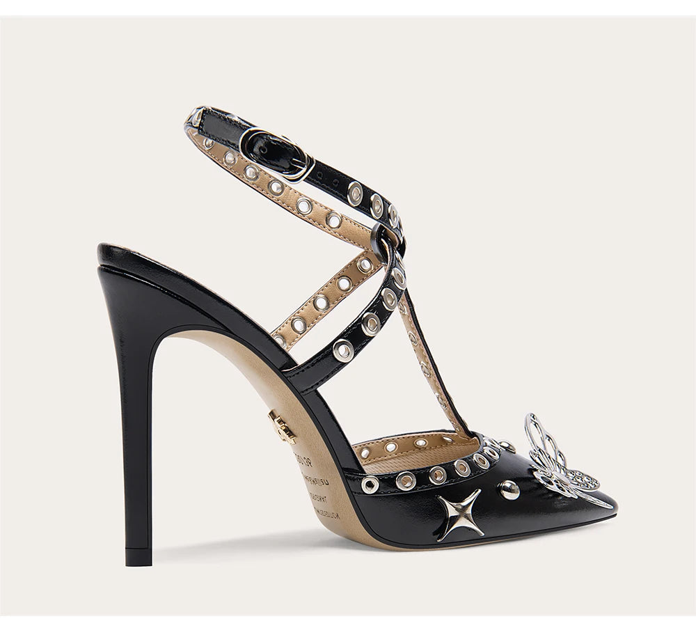 A front view of a high-heel sandal, highlighting the thin heel and buckle strap.