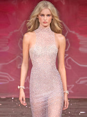 High neck rhinestone evening gown with sleeveless design