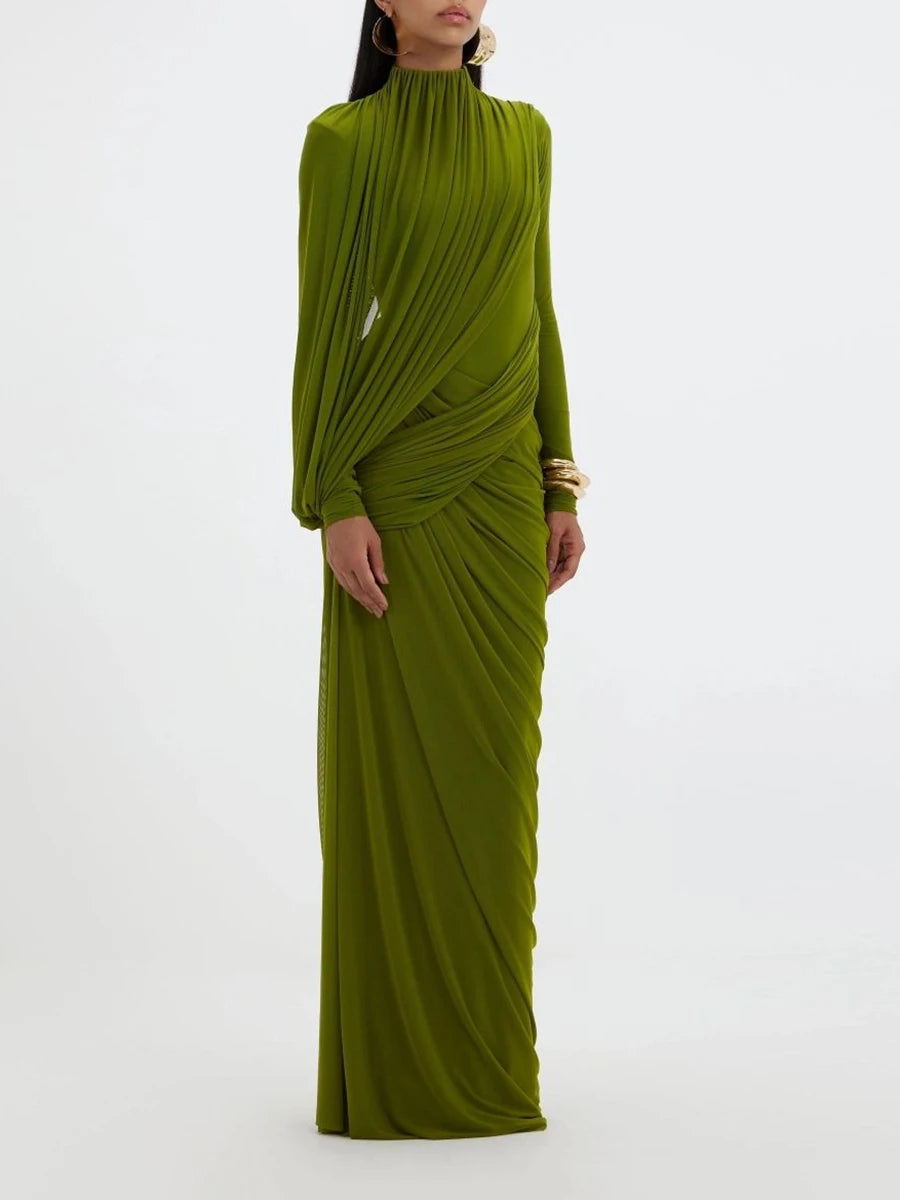 Floor-length maxi dress with wrapped drape detail across the bodice