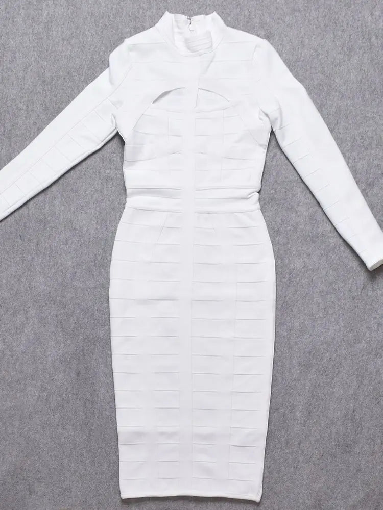 high neck white bodycon midi dress elegant silhouette