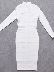 high neck white bodycon midi dress elegant silhouette