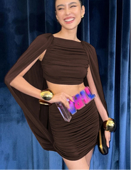 Evening mini dress featuring wrap shawl silhouette