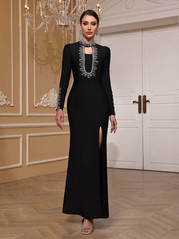 Hollow out sheath split gown with full sleeves and crystals
