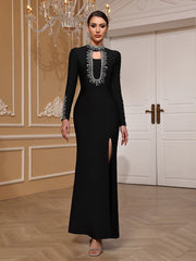 Hollow out sheath split gown with full sleeves and crystals