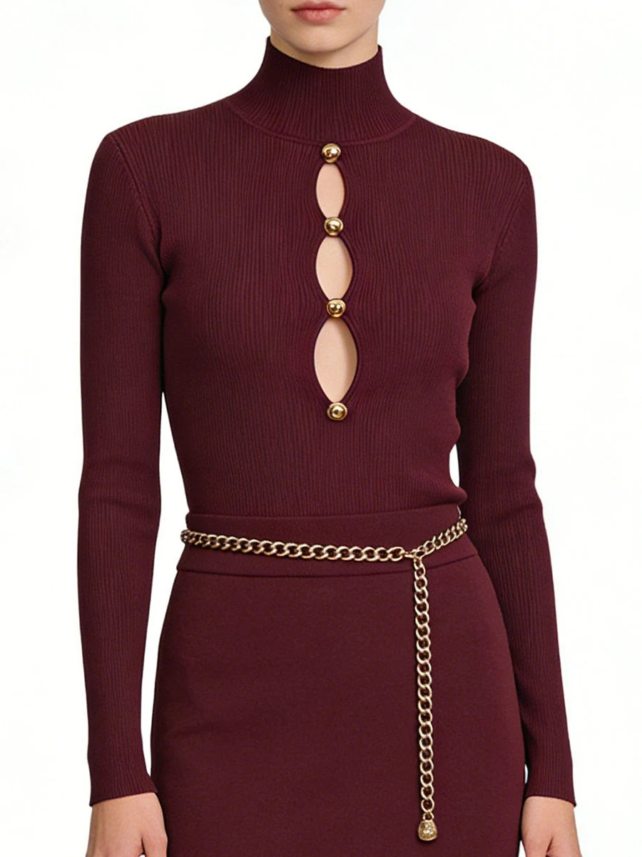 Deep burgundy ribbed turtleneck knit top with hollow-out front detail
