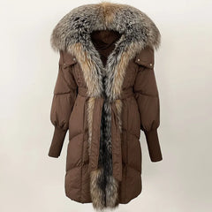 Longline puffer coat displayed front-facing, highlighting the fur-trimmed hood and structured winter silhouette