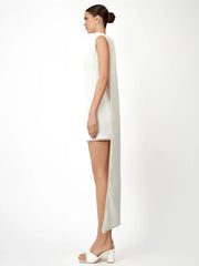 Full-body outdoor styling shot showing the above-knee sheath fit and trailing overlay, paired with heels for an elegant party look.