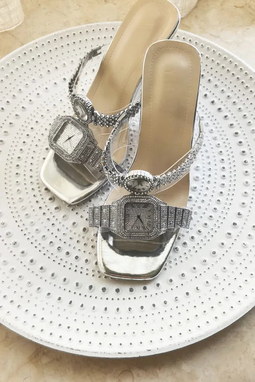 Jewelry strap silver crystal heels styled for evening events and weddings