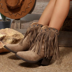 Top view of khaki suede cowboy boots with fringe