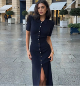 Knit button-down midi dress styled for office wear